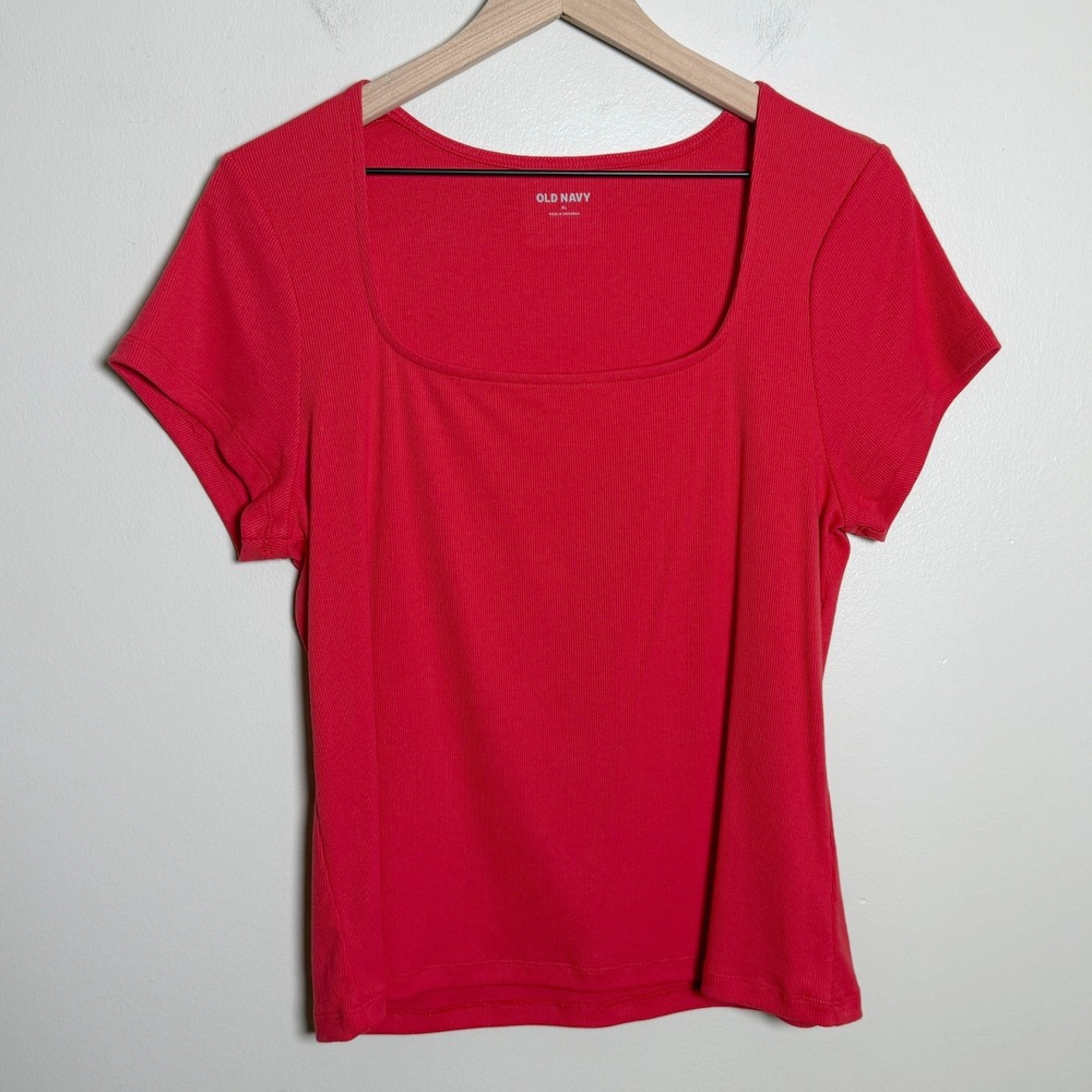 Old Navy Womens Cotton Top XL Red Square Neck Ribbed Short Sleeve Tee Classic